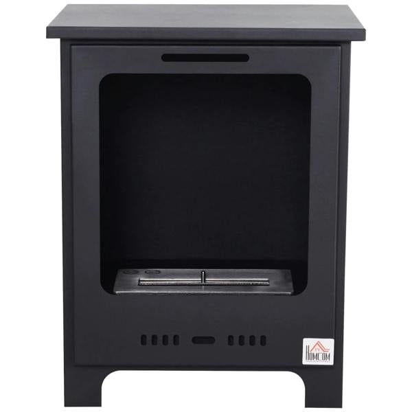 Black freestanding ethanol fireplace with front burner window and metal grate