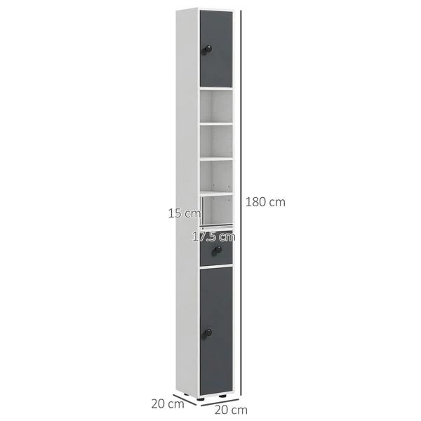 Slim grey tall bathroom cabinet, 180 cm height, shelves and cupboard doors