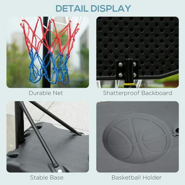 Basketball hoop stand details: net, backboard, stable base, and basketball holder
