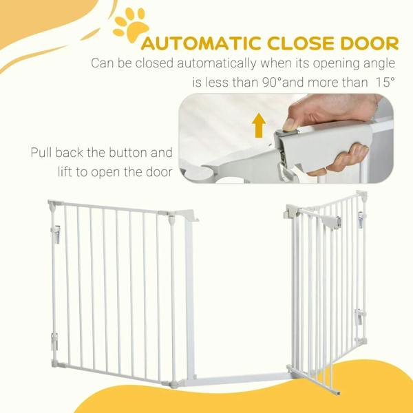 White pet safety gate with automatic close door latch and hand operating mechanism