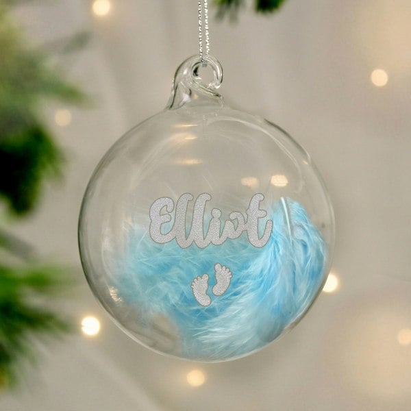 Personalised Memento Company Personalised Blue Feather Silver Footprints Glass Bauble
