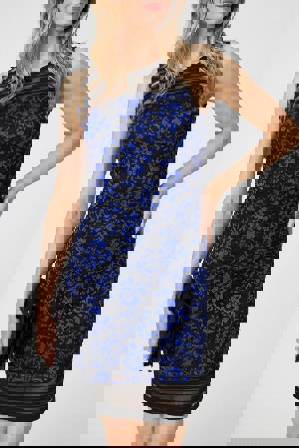 Blue | Floral Lace Sleeveless Semi Sheer Dress