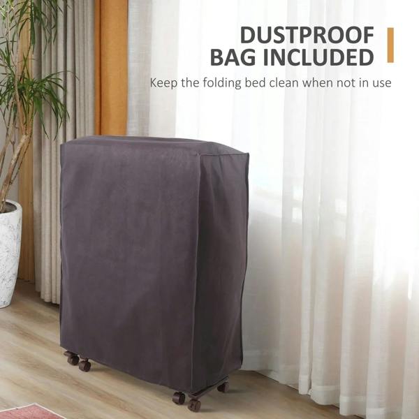 Folded single folding bed covered with a dark dustproof bag on rolling wheels