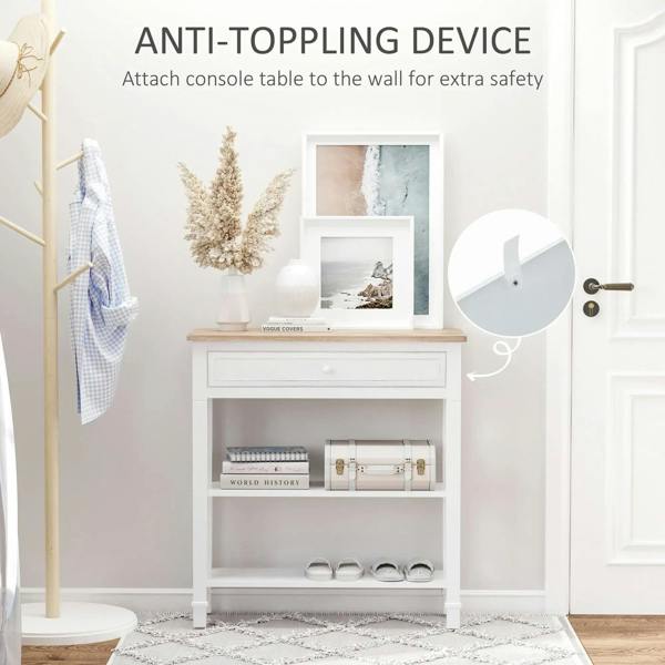 White console table with drawer and open shelves, shown secured to wall