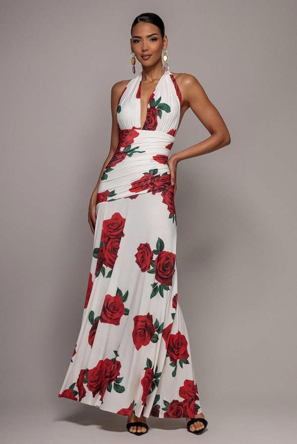 Floral Halter Neck Empire Waist Gathered Maxi Dress - Rose Print DR5259