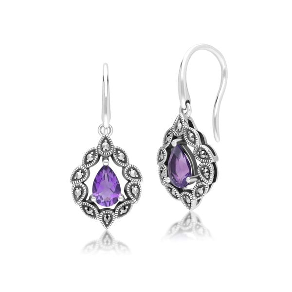 Gemondo Art Deco Style Pear Amethyst & Marcasite Drop Earrings in Sterling Silver
