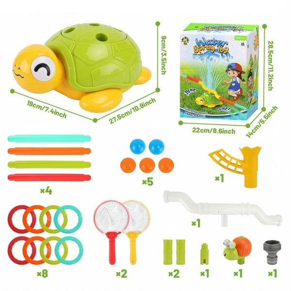 deAO Toys Kids Turtle Water Sprinkler Play Set with Rings, Nets & Balls - Outdoor Splash Toy for Toddlers