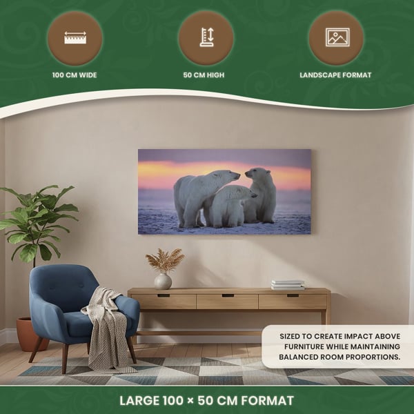 Large 3 Polar Bears Canvas Print, Black and White Wildlife Wall Art, 100 x 50 cm, Stretched Canvas on Wooden Frame