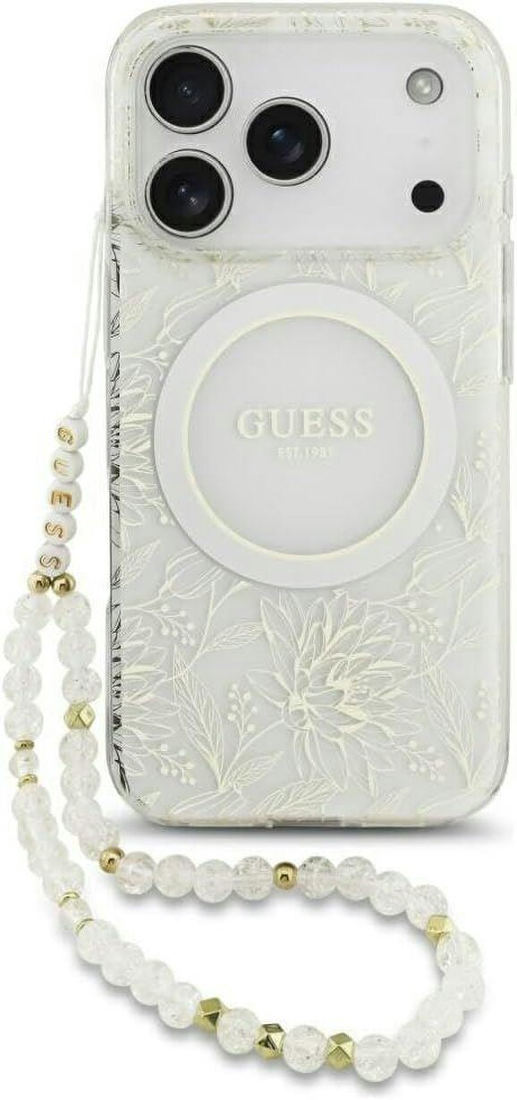 Guess IML Flowers Electro Pearl Strap MagSafe Case for iPhone 17/18 Pro 6.3" White - GUHMP18LHCPOFPH