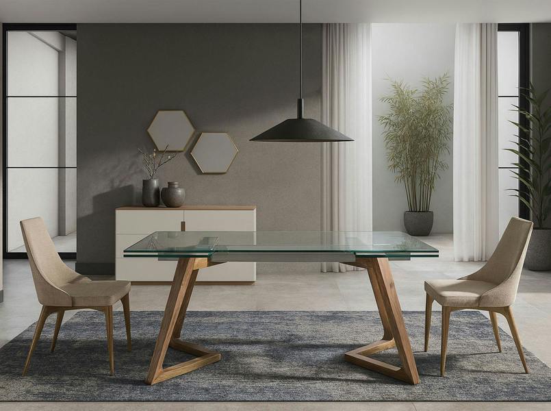 Angel Cerdá Rectangular tempered glass and walnut extending dining table 1115