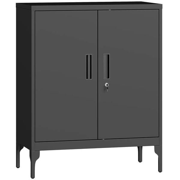 Black metal storage cabinet with two doors and keyed lock, recessed handles