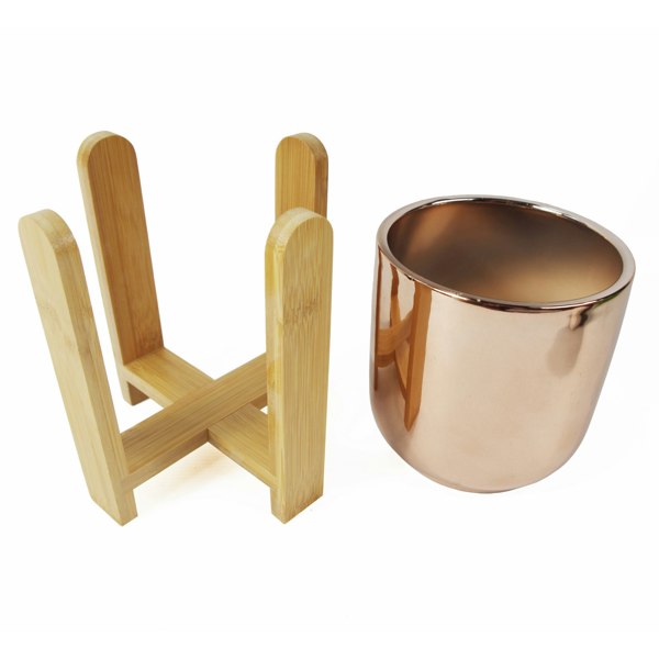 Leaf 16cm Gold Ceramic Planter with Bamboo Stand