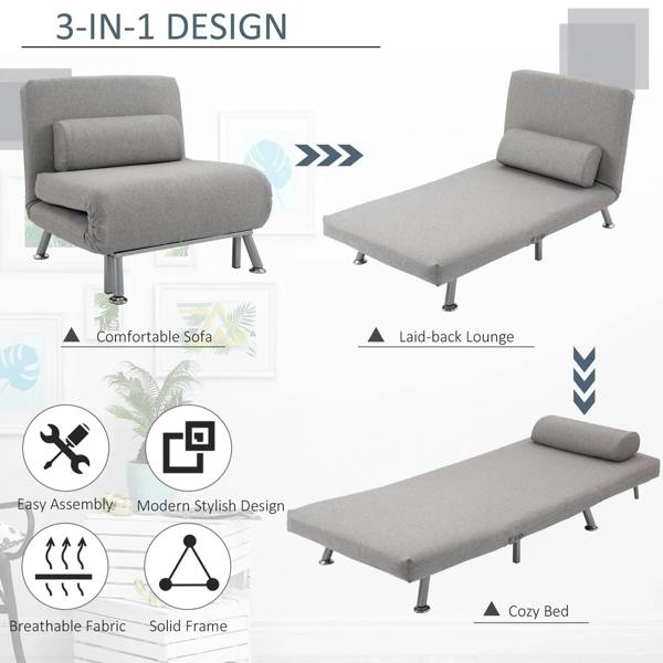 Grey 3-in-1 futon sofa chair with adjustable back and lounge bed position on metal legs