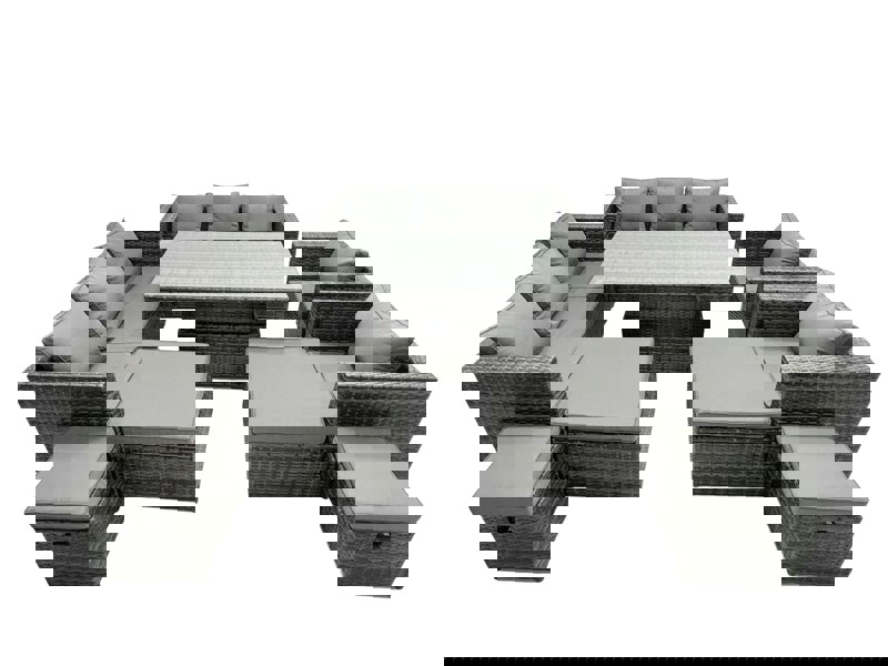 Fimous Rattan Dining Table Sofa Set with 2 Armchair 4 Stools Outdoor 12 Seat Garden Furniture Set Dark Grey Mixed