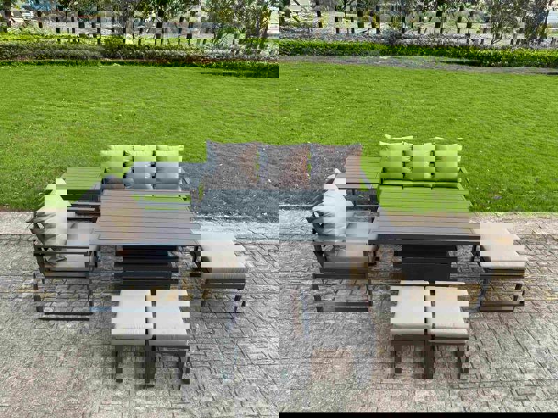 Fimous 7 Seater Aluminium Outdoor Dining Set with Adjustable Rising Dining Table Chairs, 3 Footstools, Side Table - Dark Grey