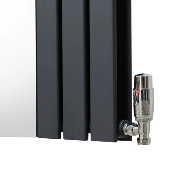 Flat mirror radiator in anthracite grey, 1800mm x 565mm, featuring sleek vertical panels and a polished valve for modern decor