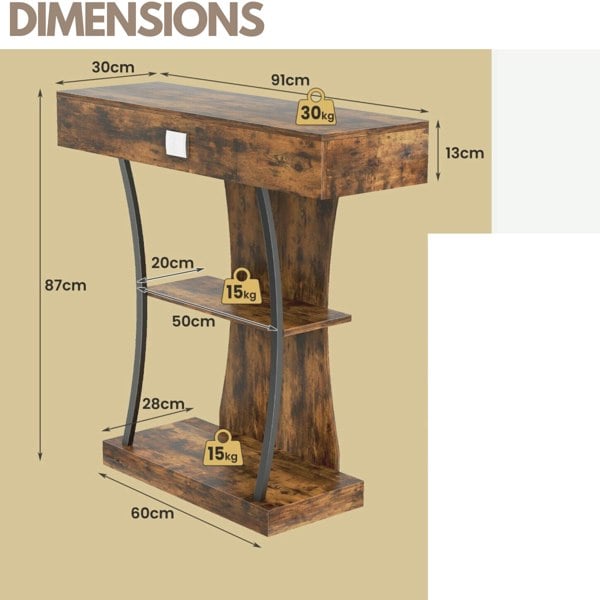 Rafaelo Mobilia Industrial T Shaped Narrow Console Table With Drawer