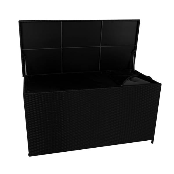 Black rattan cushion storage box with a spacious 700L interior, featuring a textured weave and a hinged lid for easy access