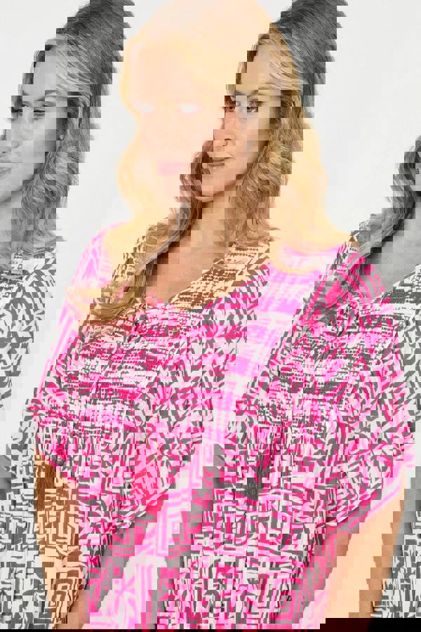 Pink | Printed Tassel Neck Knee Length Dress