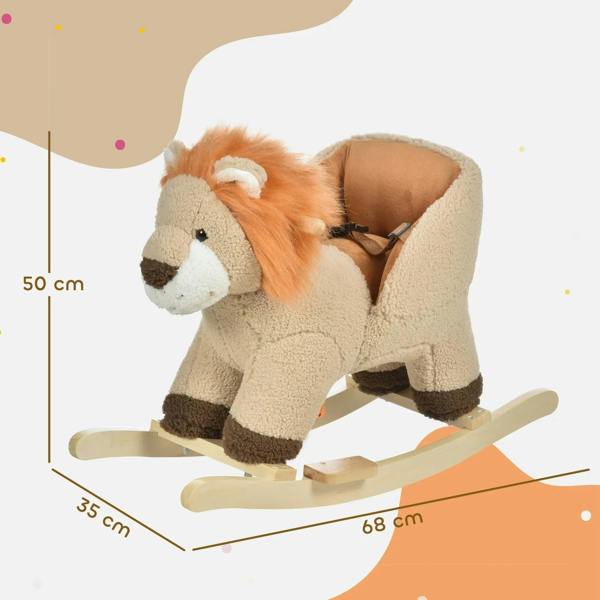 Kids lion rocking horse plush with orange mane, front view, brown safety strap across seat