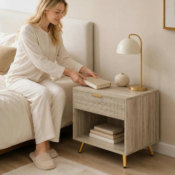Bedside Table with Drawer and Open Compartment, Nightstand with Handle for Bedroom, Living Room, Natural Wood Finish
