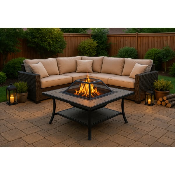 Centurion Supports SHANGO Premium Multi-Functional Black with Ceramic Tiles Outdoor Garden and Patio Square Heater Fire Pit Brazier and Outdoor Table