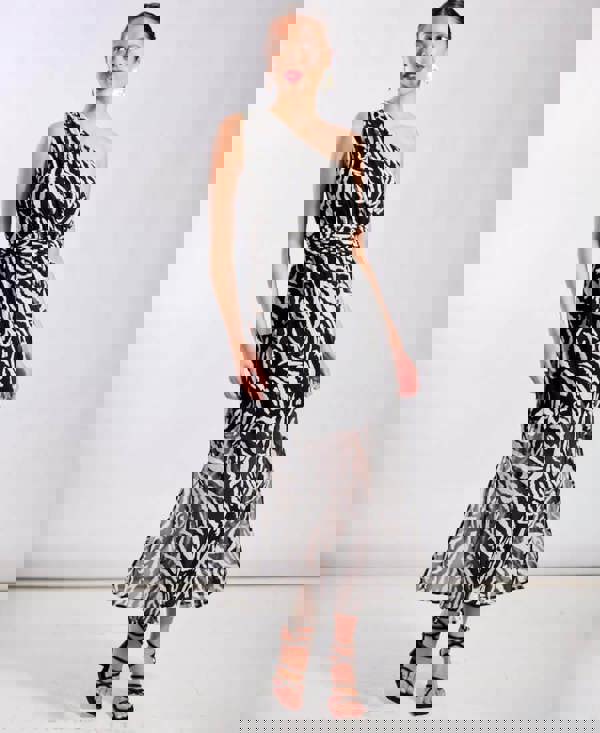 Black Animal One Shoulder Occasion Midi Dress