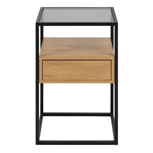 Wyld Haus Wrenna Black and Natural Oak Effect Square Bedside Table 1 Drawer Glass Top