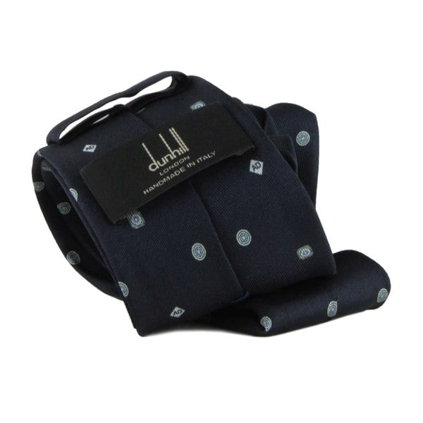 Dunhill monogram and dot patterned tie in mulberry silk midnight navy blue white
