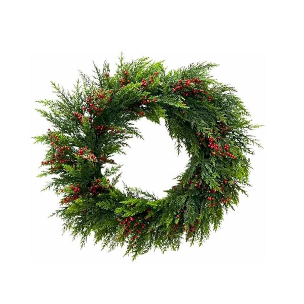 24 Inch Pine Needle Christmas Wreath with Red Berries for Indoor and Sheltered Outdoor Display image 1