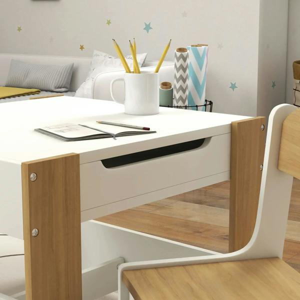 Kids table front with natural wood panels and a storage drawer beneath the tabletop