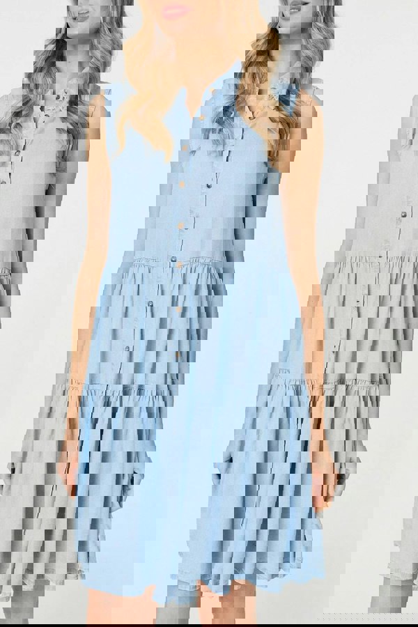 Light Blue | Sleeveless Tiered Shirt Mini Dress
