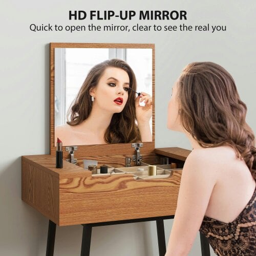 Wyld Haus Fino Leri Natural Wood Industrial Vanity Desk With Flip Up Mirror And 6teen Storage Compartments