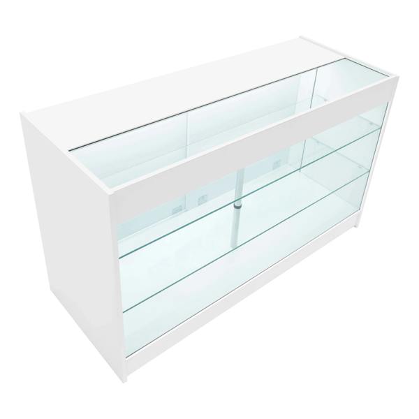 LED retail shop counter K1500 in sleek white with glass display shelves, modern design, ideal for showcasing products in stores