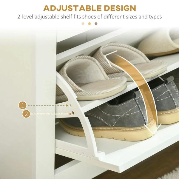 Adjustable flip shelf inside white shoe cabinet with space for shoes