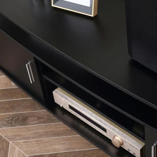 Black TV cabinet interior with sliding shelf rails and pull handle detail
