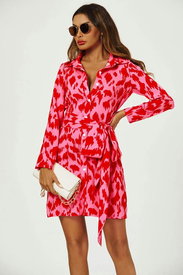 FS Collection Abstract Print Shirt Mini Wrap Dress In Pink