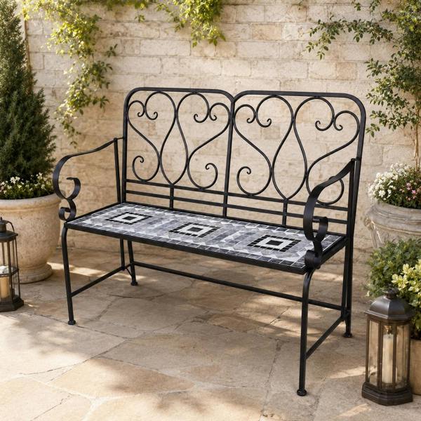 Medina Mosaic 2 Seater Garden Bench, 112cm Outdoor Patio Seat with Ceramic Tile Seat, Scrollwork Backrest & Metal Frame image 1