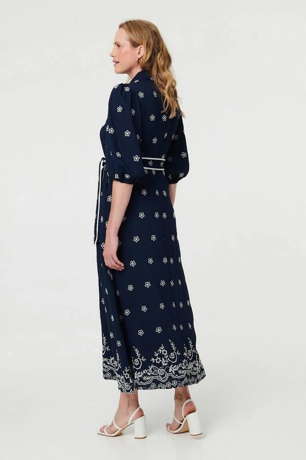 Navy | Embroidered Texture Tie Waist Maxi Dress