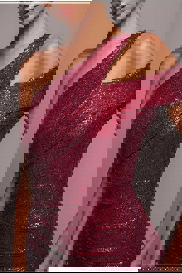 One Shoulder Sequin Evening Maxi - Wine DR4069