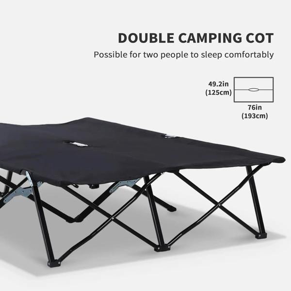 Black double camping cot with steel frame, 193 x 125 cm sleeping area