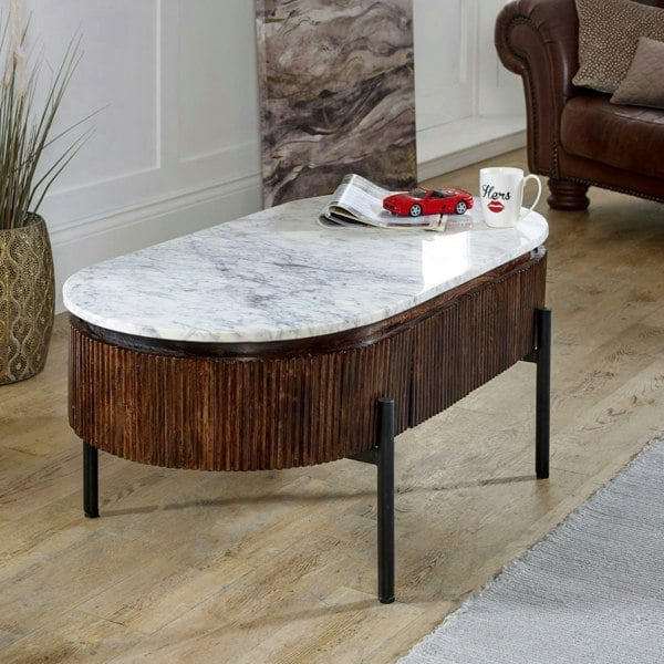 IH Design Miel Mango Wood Rectangular Fluted Coffee Table With Marble Top and Metal Legs