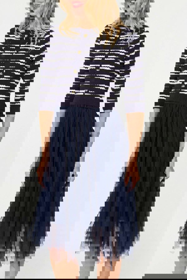 Navy | Striped Knit Mesh Hanky Hem Midi Dress
