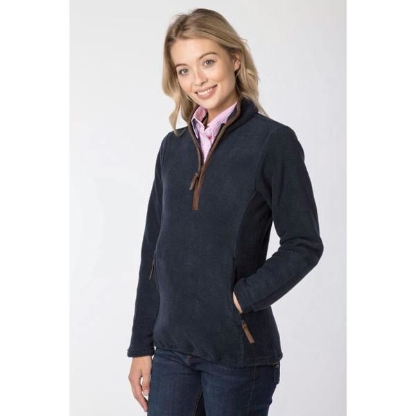 Front view of the Rydale Ladies Huggate Overhead Fleece in ink worn with a country shirt