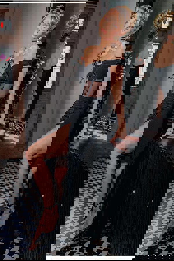 Off The Shoulder Corset Waist Mesh Wrap Skirt Soft Touch Maxi Dress - Black DR4865