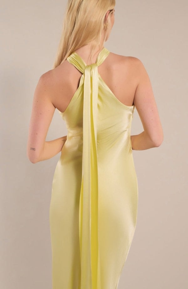 Rewritten London Roma Dress in Lemonade Yellow Satin