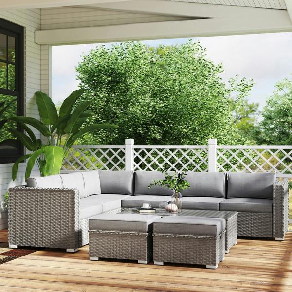 Wyld Haus Rava Faux Rattan Grey 8 Seater Corner Sofa Set With Glass Coffee Table And Footstools