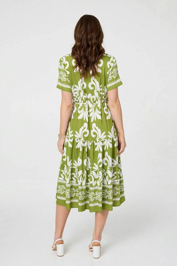 Green | Abstract Short Sleeve Tiered Midi Dress