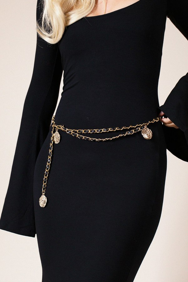 SVNX Rose Chain Faux Leather Belt In Black Gold
