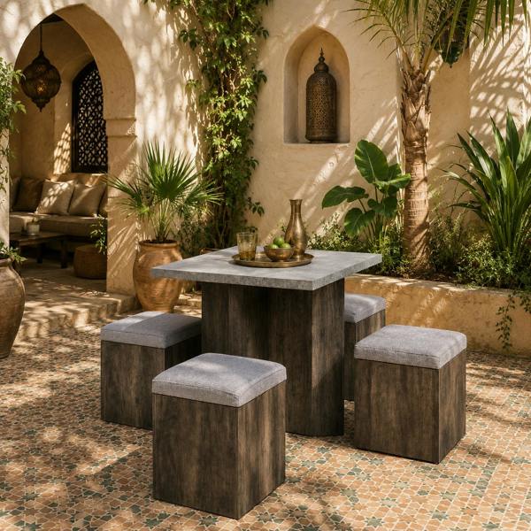 Wyld Haus Nobael 5 Piece Metal And Wood Outdoor Dining Set With 4 Storage Stools Cushions And Table